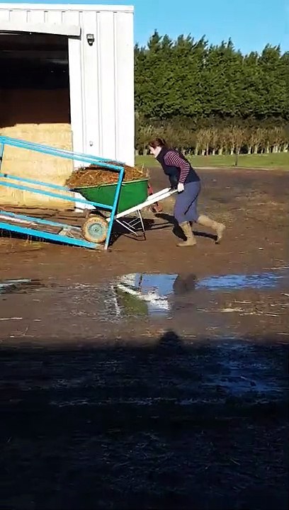 Chute à la ferme ! Elle pousse une brouette sur un sol gelé... mauvaise idée !