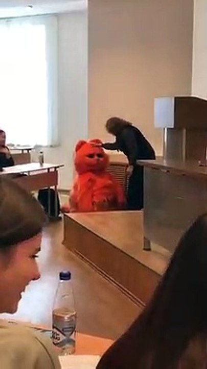 Cat-man! L'élève est venu à l'examen en costume de chat. Regardez la réaction de l'enseignant! Elle aime les chats! L'examen a été passé.