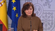 Carmen Calvo en la rueda de prensa tras el Consejo de Minsitros. Los partidos independentistas rechazan la mesa propuesta por el Gobierno