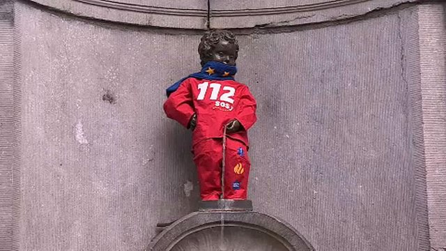 Manneken Pis dons European Emergency Number Association costume for 112 Day