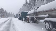 Semi-trucks stuck in the snow line Interstate 90