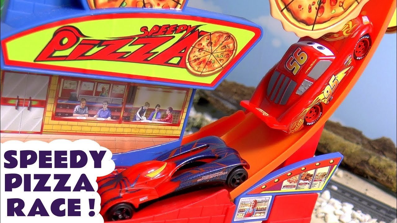 Hot Wheels Pizza Race Off with Pixar Cars 3 McQueen vs Mattel DC Comics