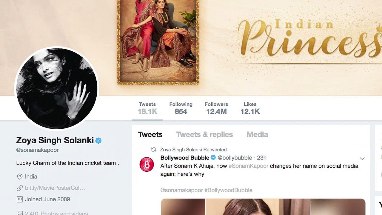 Sonam Kapoor changes name to 'Zoya Singh Solanki' on social media