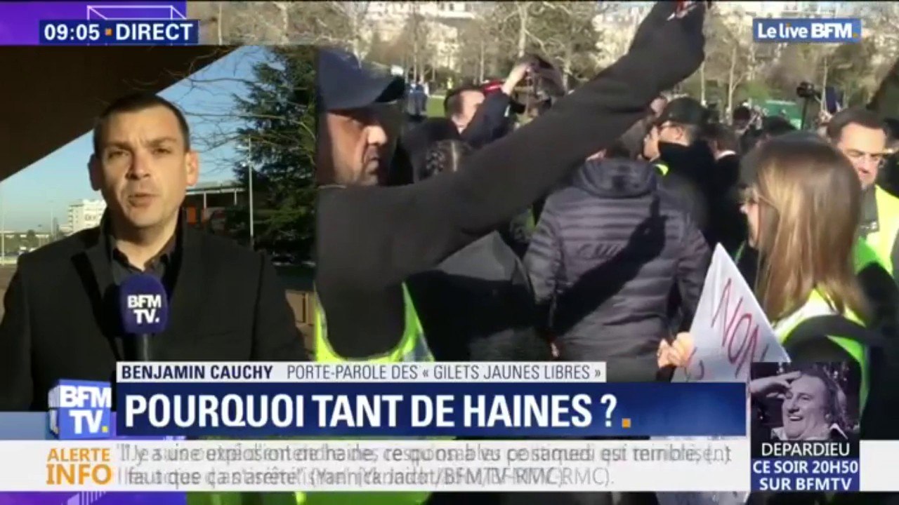 Le poret-parole des "gilets jaunes libres" Benjamin Cauchy "rejette et condamne les actes antisémites"