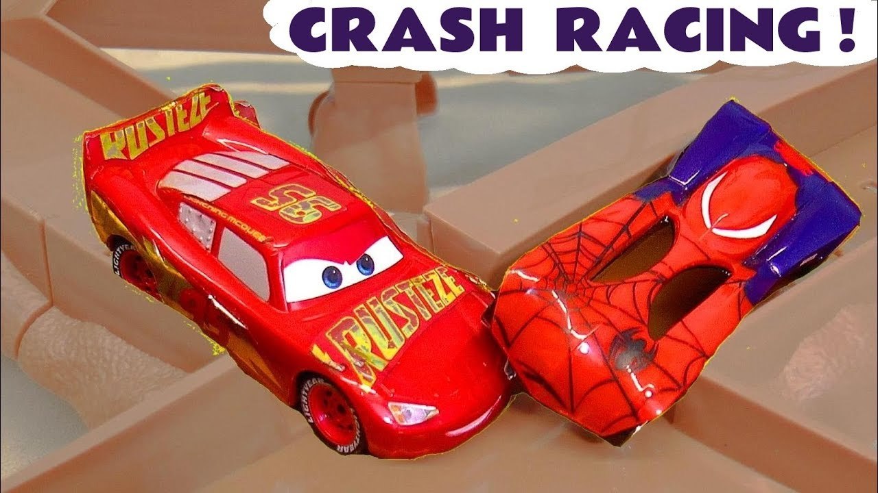 Hot Wheels Race Off Disney Pixar Cars Crash Racing with DC Comics Justice League & Marvel Avengers 4 Superheroes along with Toy Story 4 Rex and PJ Masks Catboy