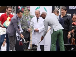 OSCAR DE LA HOYA & BERNARD HOPKINS PLANT A PEACE TREE @ WEIGH IN / CANELO v KHAN