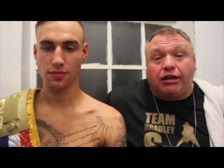 BRADLEY SMITH CELEBRATES WINNING HIS FIRST PROFESSIONAL TITLE @ YORKHALL W/ TRAINER BARRY SMITH