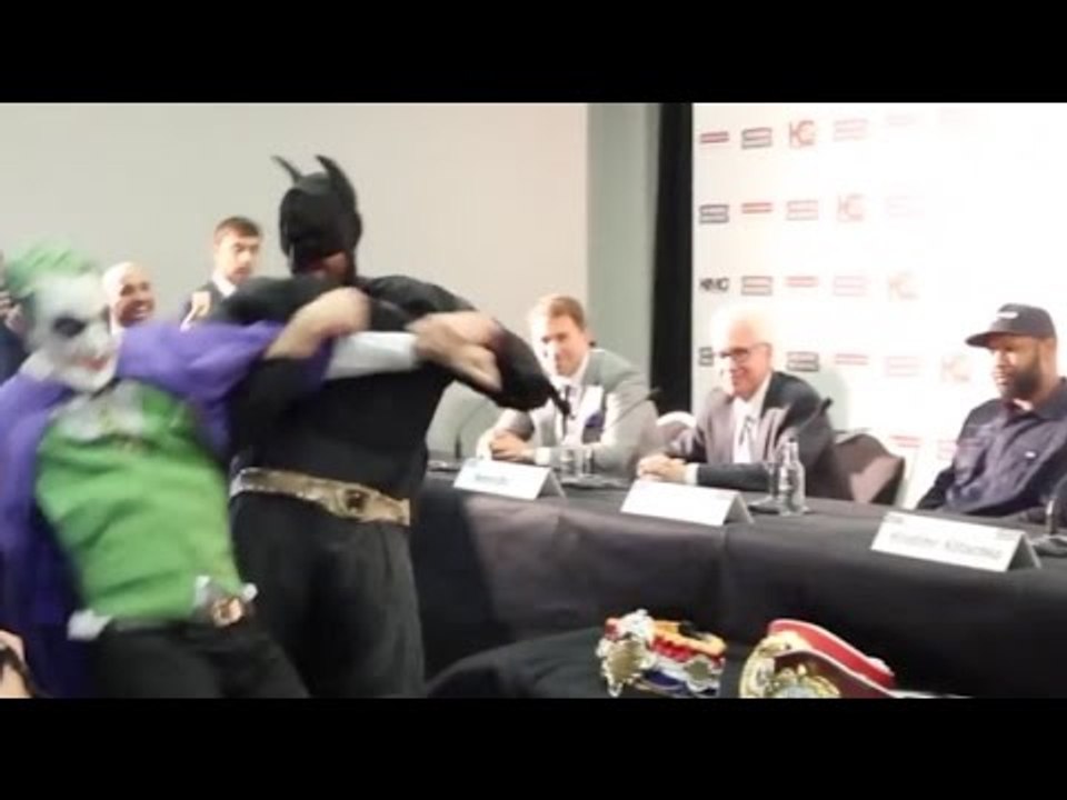 TYSON FURY & THE JOKER FIGHT & KNOCK KLITSCHKO'S BELTS OFF PRESS CONFERENCE TABLE / THROW BACK FURY