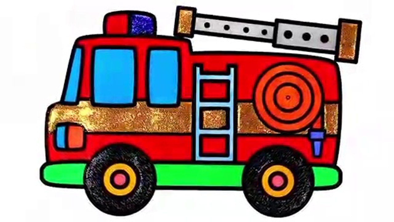 Fire truck Coloring with Glitters How to Draw Set Firefighter