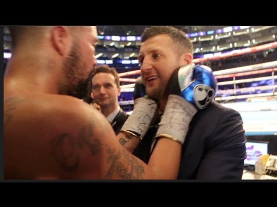 BOXING FRIENDS! - CARL FROCH EMBRACES TONY BELLEW STRAIGHT AFTER WIN OVER DAVID HAYE