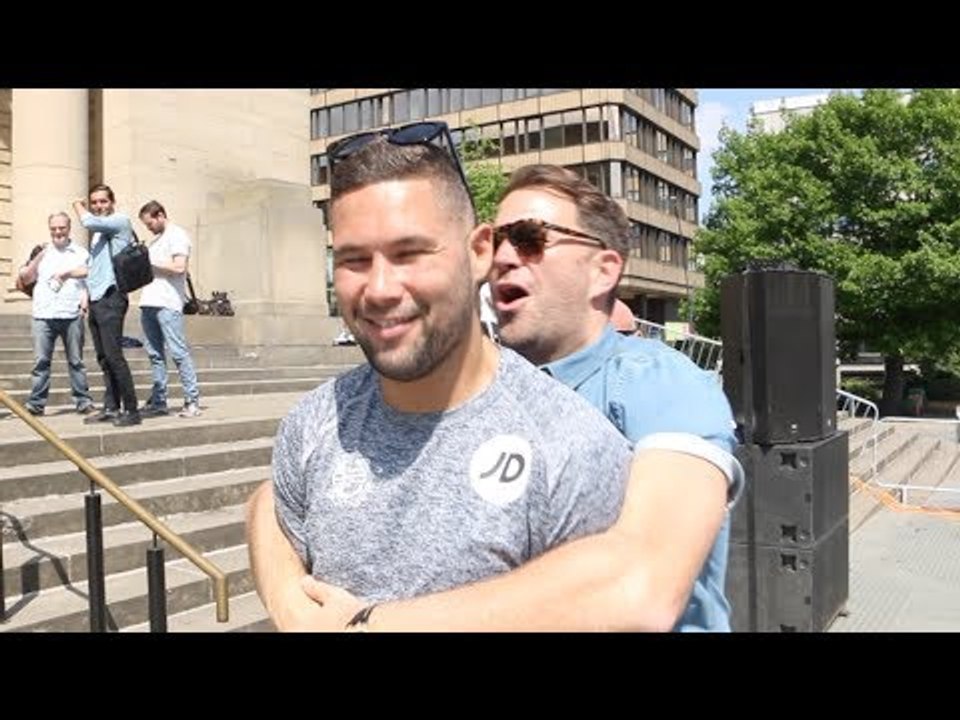 TONY BELLEW & EDDIE HEARN RE-ENACT THE MOMENT WHERE BELLEW MUGGED HEARN OFF AFTER THE HAYE FIGHT