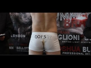 SH*T YOURSELF LAD? - RUSS HENSHAW WEARS BIZARRE STAINED PANTS IN WEIGH-IN WITH LAWRENCE OKOLIE