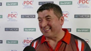 Delighted Mensur Suljovic after Thrashing Simon Whitlock 10-1 at The Masters