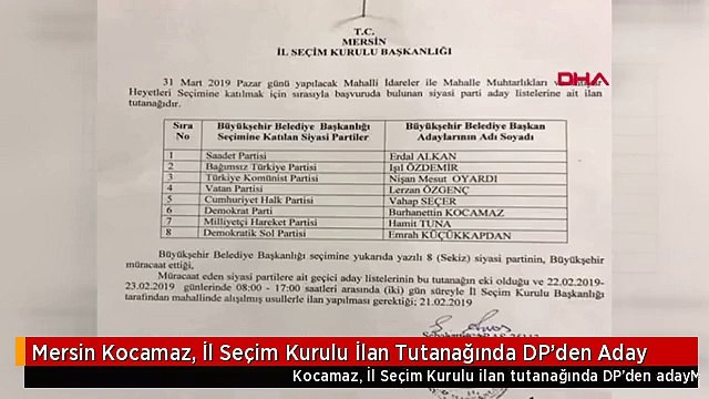 Mersin Kocamaz, İl Seçim Kurulu İlan Tutanağında DP'den Aday
