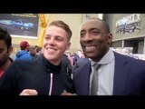 THE LEGEND JOHNNY NELSON IS SWAMPED BY FANS AT THE FROCH v KESSLER WEIGH IN.