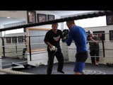 TERRY FLANAGAN WORKS OUT ON THE PADS WITH 2 WEIGHT WORLD CHAMPION RICKY HATTON