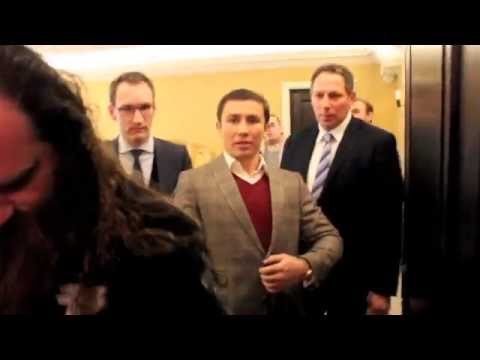 GENNADY GOLOVKIN ARRIVES AT LONDON PRESS CONFERENCE TO GREETED BY MARTIN MURRAY
