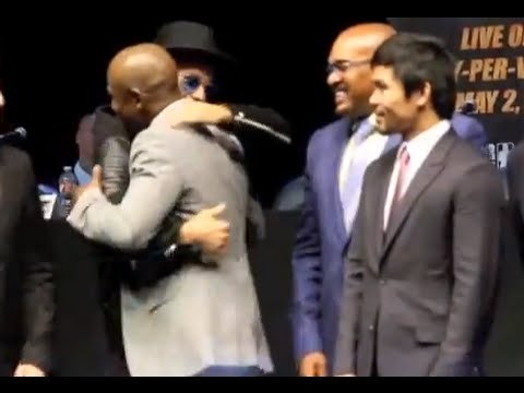 JUSTIN BIEBER HUGS FLOYD MAYWEATHER @ PRESS CONFERENCE WITH MANNY PACQUIAO / MAYWEATHER v PACQUIAO