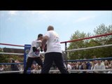 LEE SELBY DEMONSTRATES TO THE CROWD HIS HAND SPEED & FOOTWORK WITH TRAINER TONY BORG