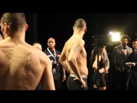 ON STAGE ANGLE OF - TONY BELLEW v MATEUSZ MASTERNAK WEIGH IN AT THE 02 / BAD INTENTIONS