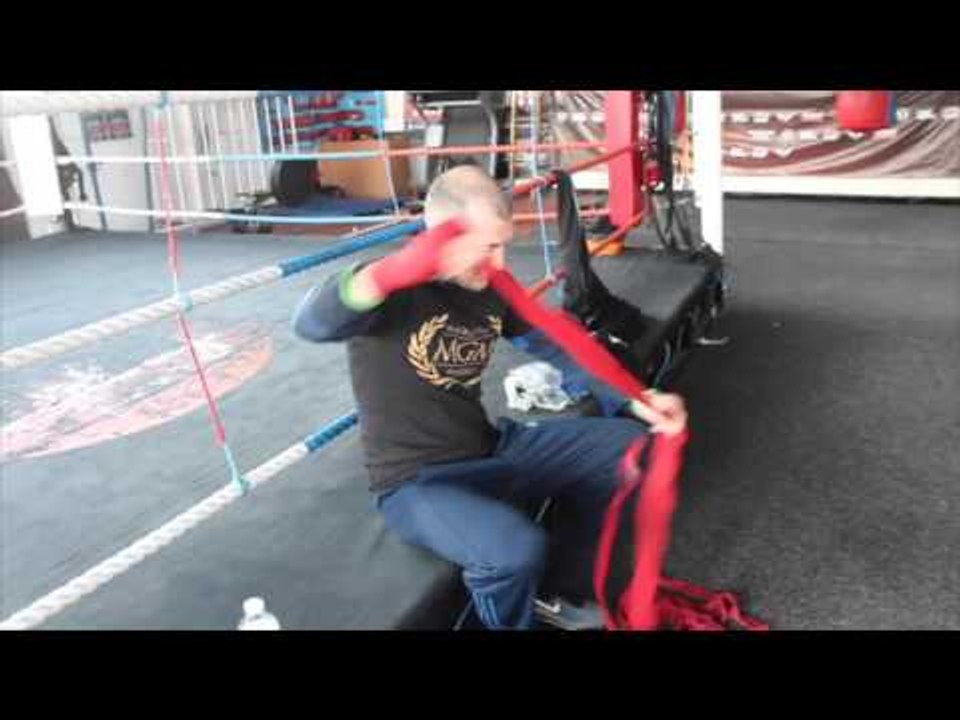 DERRY MATHEWS WRAPPING HIS HANDS & HAVING SOME GYM BANTER  / FLANAGAN v MATHEWS