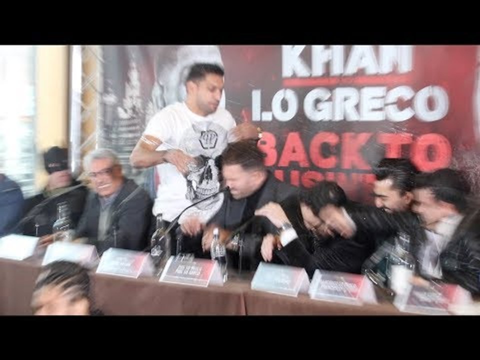 MAYHEM!! AMIR KHAN FLIPS OUT & THROWS GLASS OF WATER OVER PHIL LO GRECO AFTER HE INSULTS HIS WIFE!!