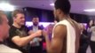 ANTHONY JOSHUA SHOWS HIS CLASS AS HE EMBRACES ALEXANDER POVETKIN AFTER FIGHT IN DRESSING ROOM