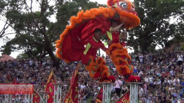 Eastwood Lunar New Year 6-6 . Lions on high poles at Eastwood, Chinatown, Market City, Sydney LCNY 19-23, 16 Feb 2019.