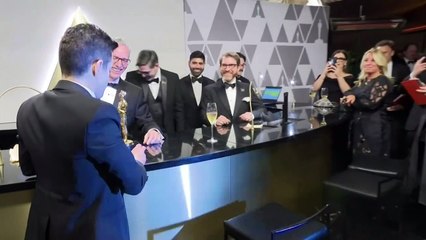 Oscars 2019: Rami Malek celebrates award engraving