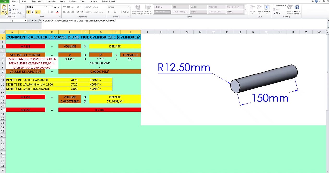 CONCEPTION / CALCUL –  COMMENT CALCULER MANUELLEMENT LA MASSE D'UNE TIGE CYLINDRIQUE