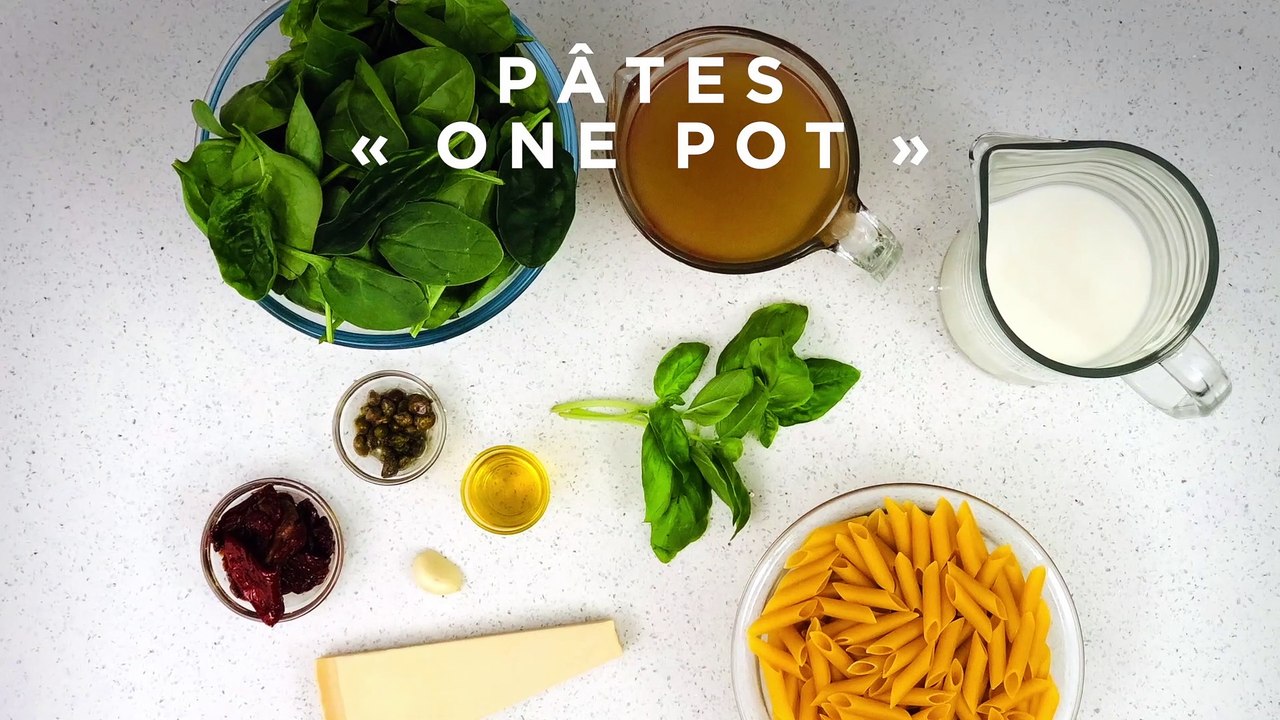 Pâtes « one pot » aux tomates séchées et aux épinards