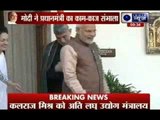 Narendra Modi reaches Hydrabad House with External Affairs Minister Sushma Swaraj
