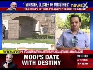 PM designate Narendra Modi leaves Gujarat Bhawan for Rajghat