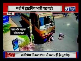 Chennai: Miraculous escape for 3 drunk boys after hitting a fast moving bus with their motorcycle