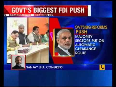 Government eases FDI norms in 15 sectors including Civil Aviation, Defence.