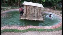 Build Swimming Pool Around Bamboo House In forest - SURVIVE IN WILD