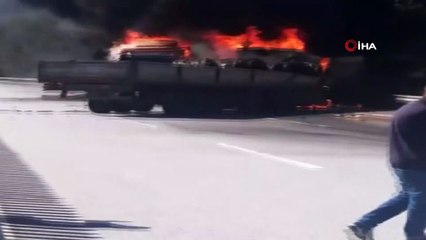 Çarpışan 2 tır alev alev böyle yandı