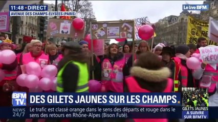 下载视频: Gilets jaunes et gilets roses manifestent sur les Champs-Élysées ce matin