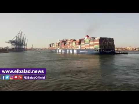 صدى البلد | الغضبان ومميش يشهدان عبور أول سفينة « مازر شيب» بعد تكريك رصيف ميناء غرب بورسعيد