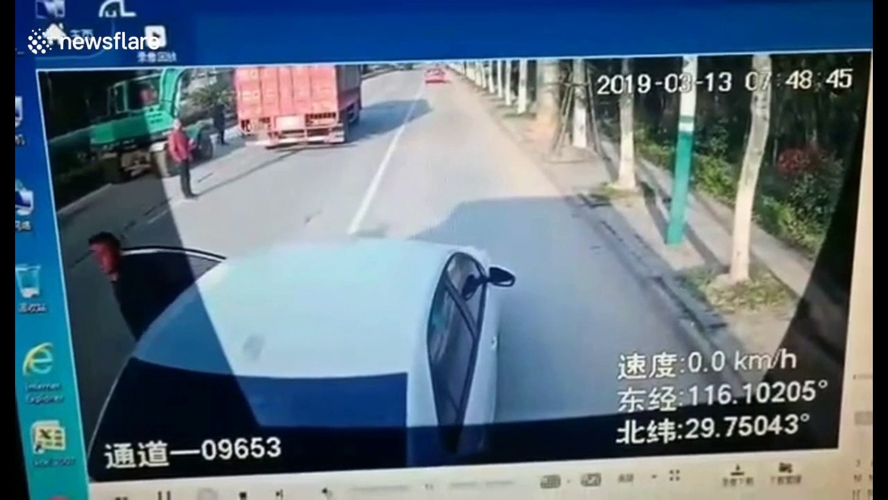 Motorist brakes in front of bus so his wife can...