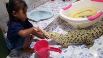 Cette fillette brosse les dents de son petit crocodile