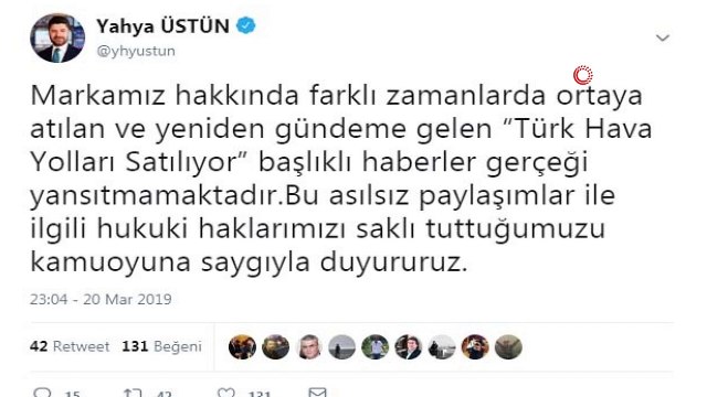 THY Basın Müşaviri Üstün, “Türk Hava Yolları Satılıyor” iddialarını yalanladı