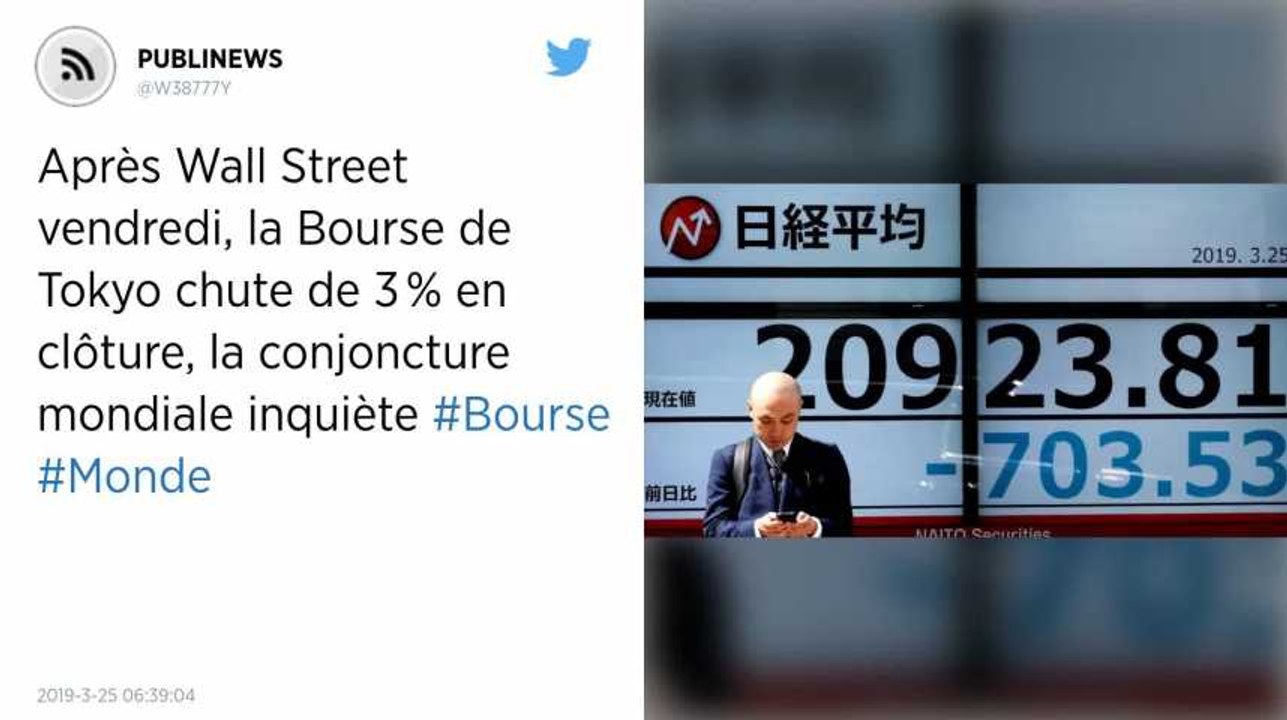 Après Wall Street vendredi, la Bourse de Tokyo chute de 3 % en clôture, la conjoncture mondiale inquiète