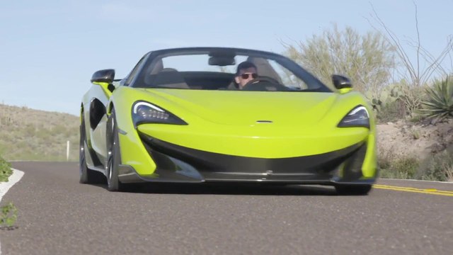 McLaren 600LT Spider in Lime Green Driving in the country