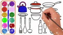 Vẽ và tô màu Dụng cụ Bếp - Bé Học Tô Màu - Glitter Kitchen Tools Coloring Pages