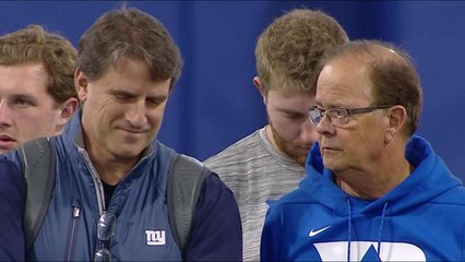 Mike Shula chats with Daniel Jones' HC David Cutcliffe at pro day