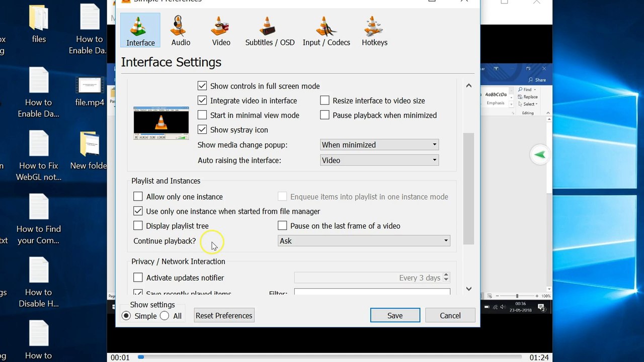 How to Disable the 'Do you want to restart the playback where left off' from VLC on Windows 10?