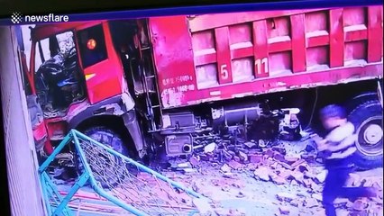 Lorry trying to avoid scooter crashes into kindergarten in China’s Jiangxi