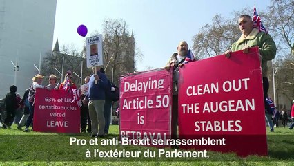 Brexit:réactions de manifestants devant le Parlement britannique