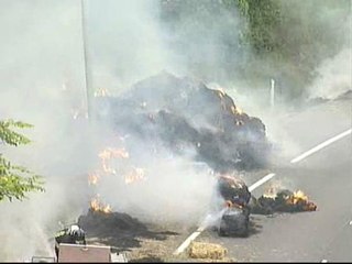 Un camión circula con su carga ardiendo por la N-1